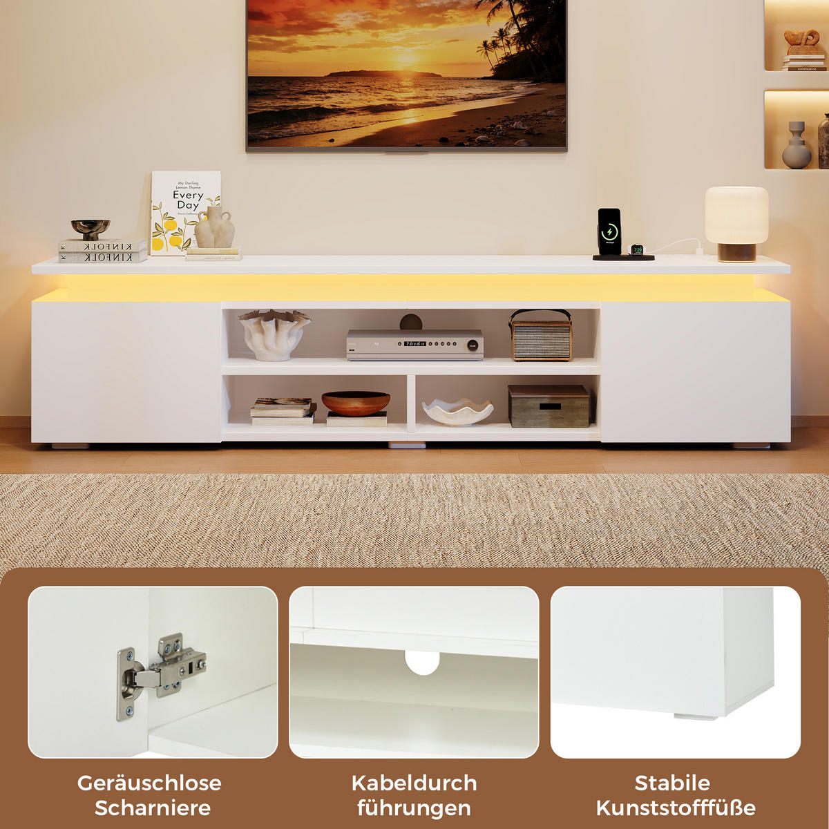 TV niska komoda 180/35/42 cm u bijeloj boji s RGB LED rasvjetom i prostorom za odlaganje - bijela/crna, drvni materijal (180/42/35cm) - CHICFURN