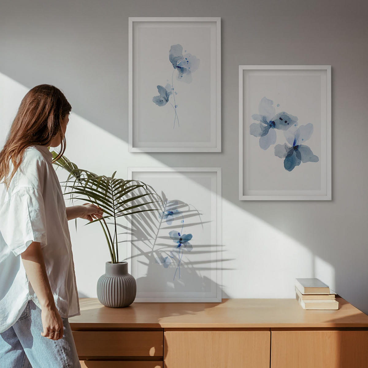 WANDBILDER 3er-Set - 40x60 cm Weißer Rahmen - Blaue Blumen - Weiß, Kunststoff (40/60cm) - ArtPrintCave