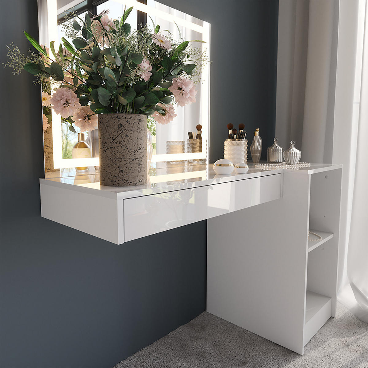 SCHMINKTISCH Sherry Weiß/Weiß Hochglanz 120 cm 3 Teile - Weiß Hochglanz, Holzwerkstoff (120/76/50.1cm) - Vicco