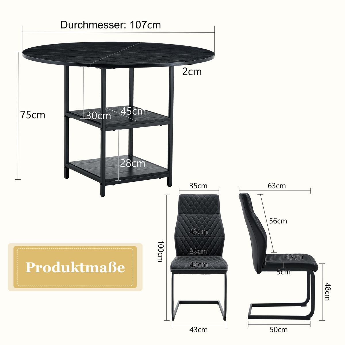 ESSGRUPPE DE-39424 5-teilig, mit doppelter Ablage und 4 Stühlen Schwarz - Schwarz, Metall (107/75/107cm) - ComfortXL