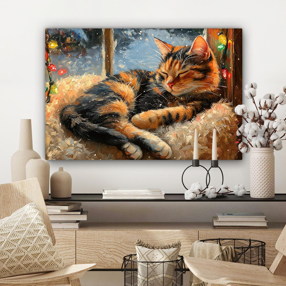 LEINWANDBILD Katze - Weihnachten - Winter - Tier Wanddeko 90x60 cm - Bernsteinfarben, Textil (90/60cm) - MuchoWow