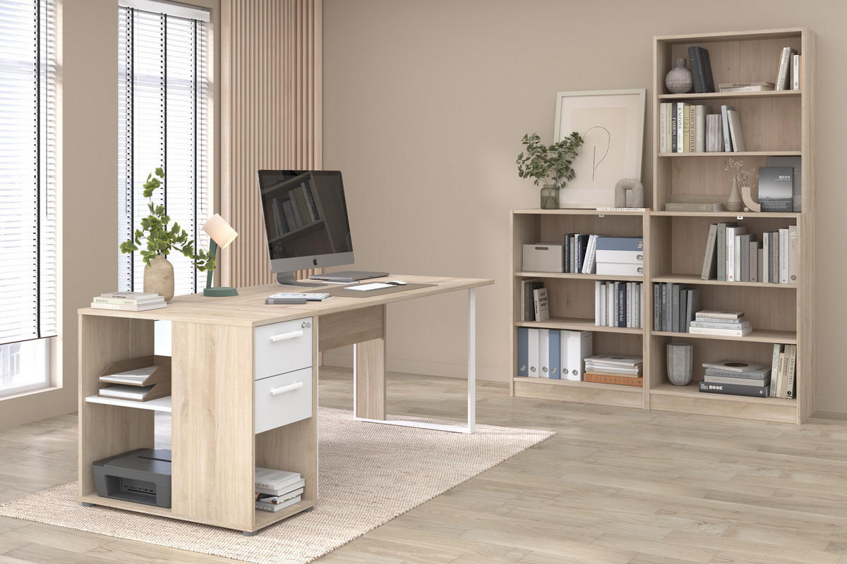 SCHREIBTISCH Büro Start Up 12 in Weiß und Japanischer Eiche – Schreibtisch, Container mit zwei Aktenregalen und Aufsatzregal - Braun, Holzwerkstoff (120/80/200cm)