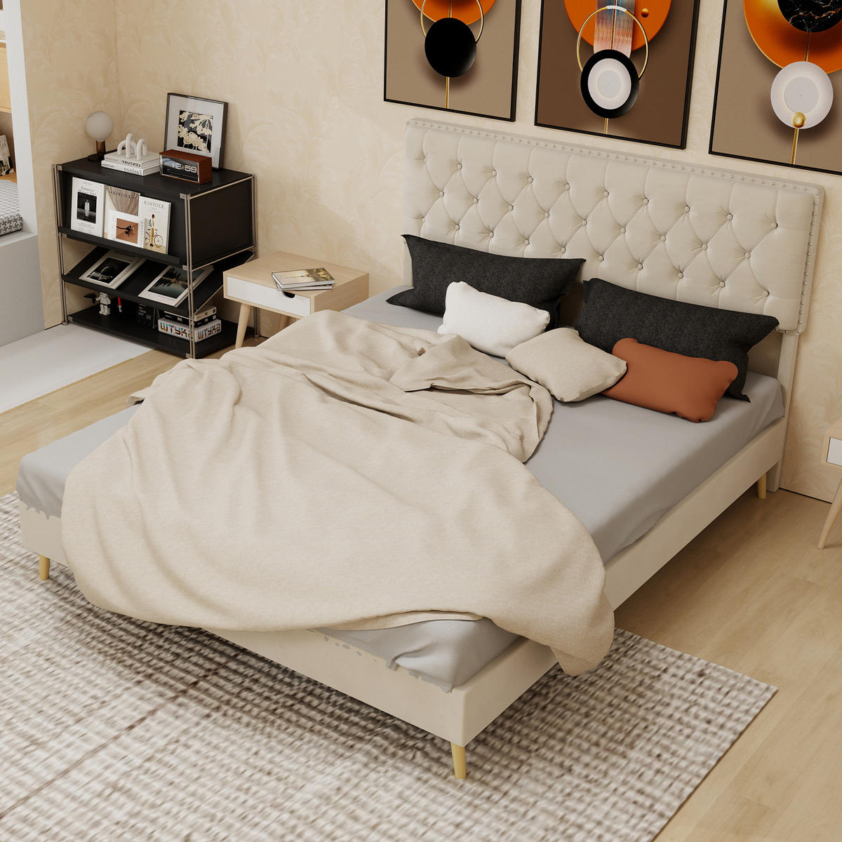 POLSTERBETT 160/200 cm in Beige Samt mit Stauraum unter dem Bett - Beige, Holzwerkstoff/Textil (160/200cm) - WISHDOR