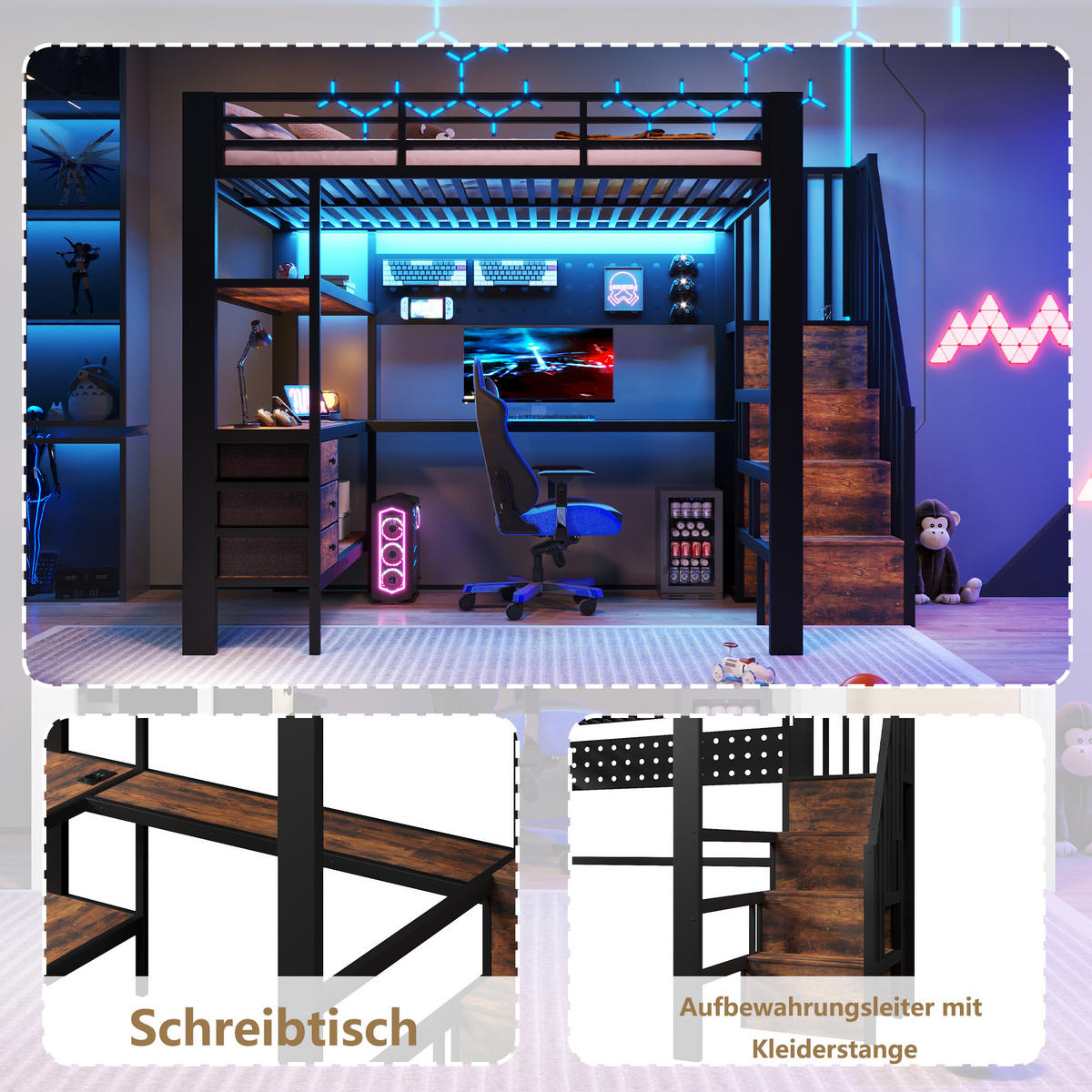 HOCHBETT 140/200 cm in Schwarz mit 3 Schubladen, Tisch, Steckdose und LED - Schwarz, Holzwerkstoff/Metall (90/200cm) - STILVORA