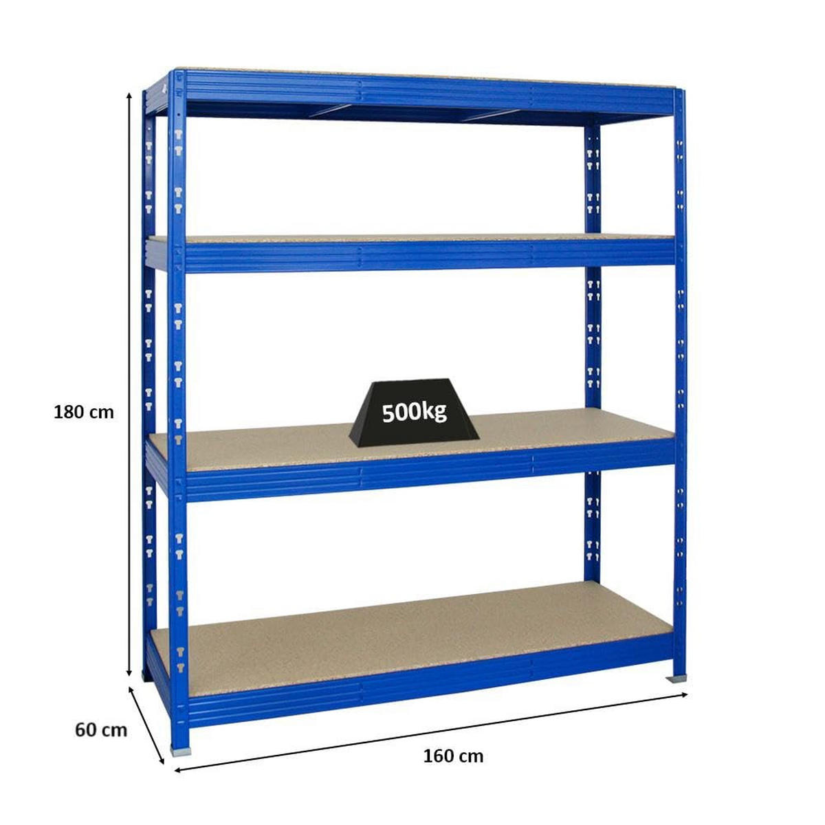 SCHWERLASTREGAL Rhino 180x160x60 cm 4 Spanplatten-Ebenen 16mm Fachlast 500 kg Blau - Blau, Metall (160/180/60cm) - PROREGAL