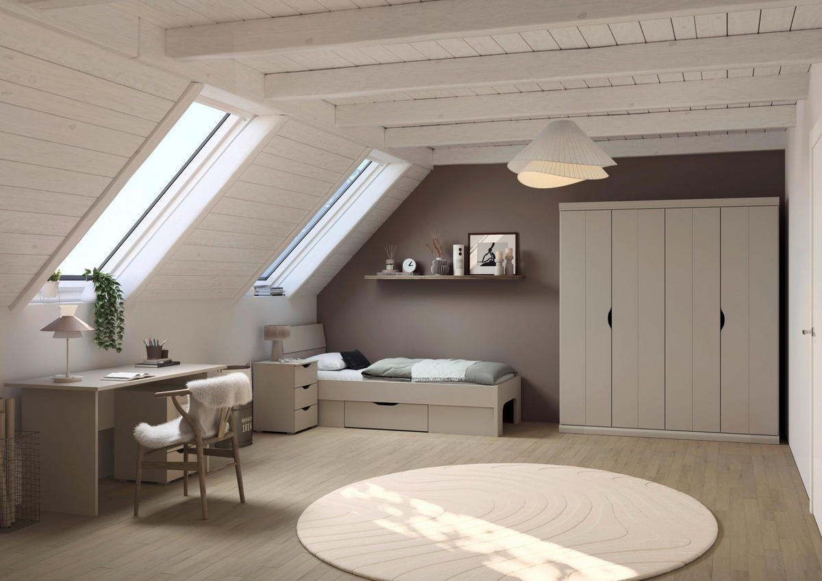 JUGENDZIMMER Frieda in Beige 5-teilig mit 4 türigem Kleiderschrank ohne Schubkästen, 90er Jugendbett, Nachttisch, Schreibtisch mit Container - Beige, Holzwerkstoff (80/200/120cm)