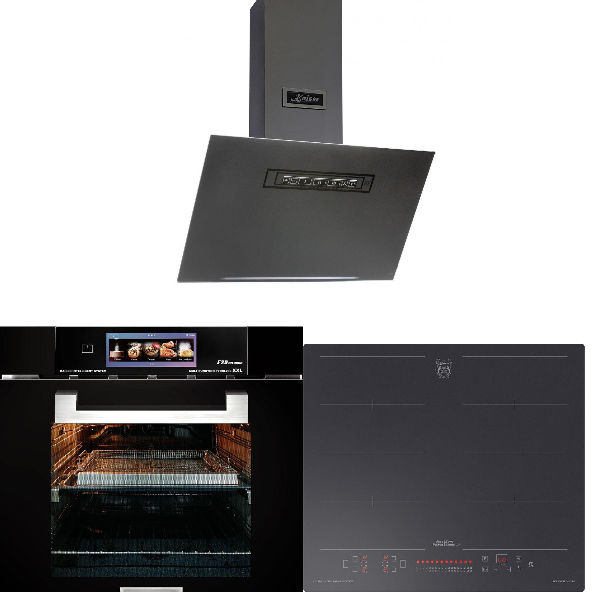 BACKOFEN-SET Multifunktions-Elektro-Backofen EH 6344 N + Induktionskochfeld KCT 6110 FI + Dunstabzugshaube AT 6402 ECO 60 cm - Schwarz, Metall (59.4/59.4/57.5cm) - Kaiser Küchengeräte