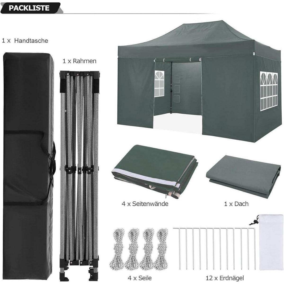 FALTPAVILLON 300 x 450 cm Grau Wasserdicht mit 4 Seitenwänden - Olivgrün, Textil (300/240/450cm)