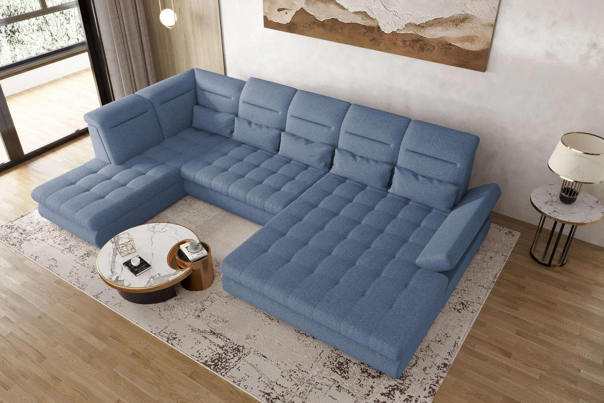 WOHNLANDSCHAFT Toscana Strukturstoff inkl. Schlaffunktion - Blau, Textil (358/87/208cm) - 99rooms