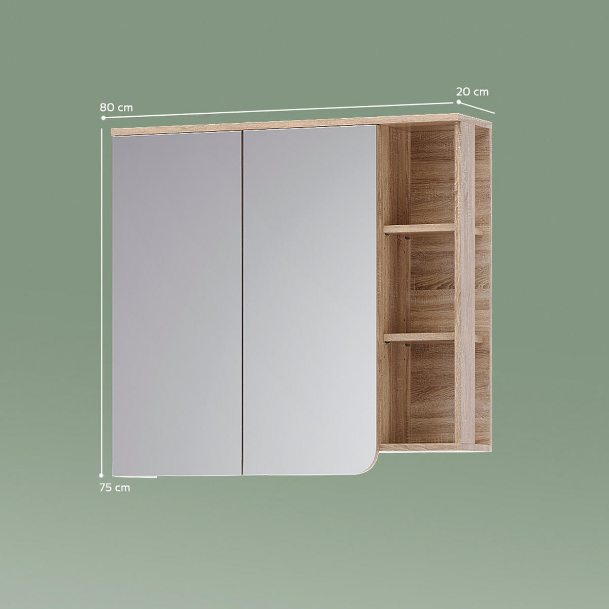 ZRCALNA OMARICA Marano, Sonoma/Bela, 80 x 75 cm z 2 predaloma - bela/hrast sonoma, leseni material (80/75/20cm) - Livinity®