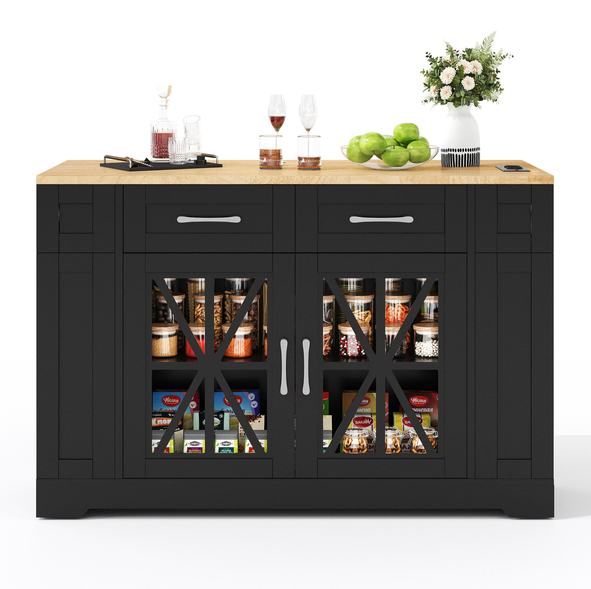 KÜCHENINSEL 120/92/40(65) cm Schwarz/Natur aus MDF mit Klapptisch - Schwarz, Holzwerkstoff (65/92/120cm) - OKMYHOME