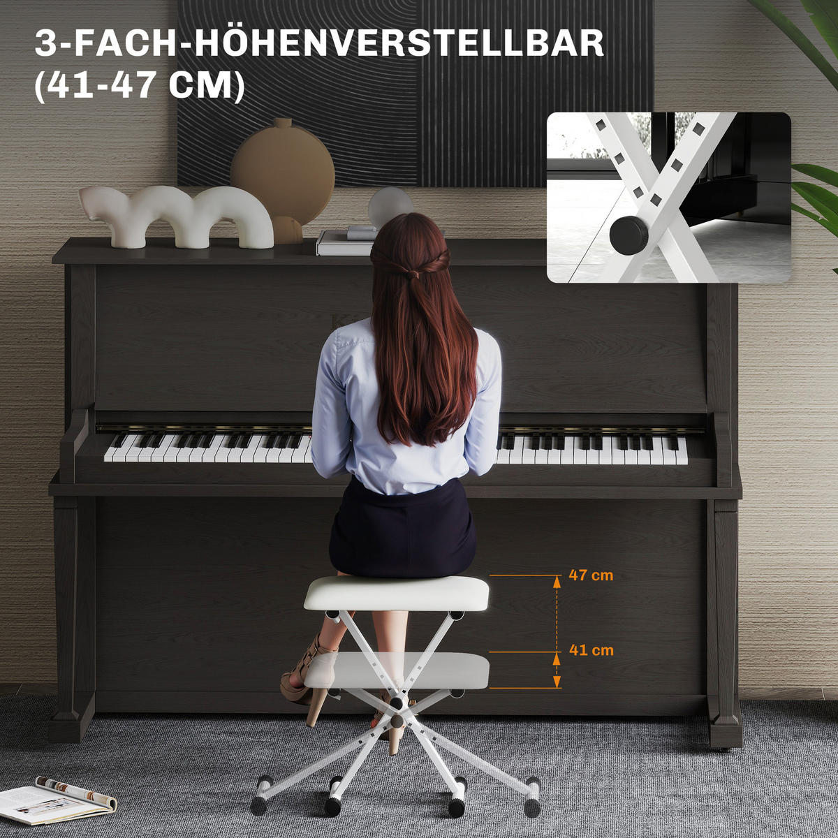 KLAVÍRNÍ stolička z kovu a umělé kůže, bílá - bílá, kov/plast (29/47/39cm) - HOMCOM