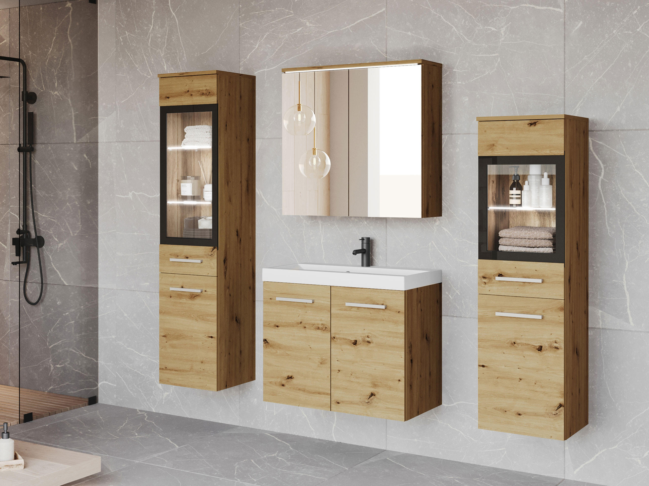 BADMÖBEL-SET Madrit II mit weißer LED Beleuchtung - Silberfarben/Eiche Artisan, Holzwerkstoff/Kunststoff (132/132/30cm) - MIRJAN24