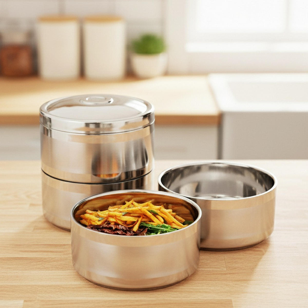 THERMISCHE LUNCHBOX aus Stahl 4-stöckig 4 x 1,1 l - Silberfarben, Metall (16/36/16cm) - Orion 