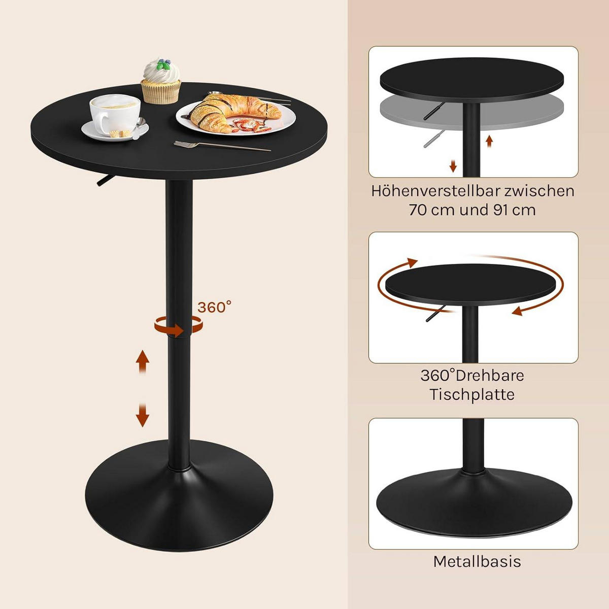 BARTISCH Stehtisch, Bistrotisch aus MDF Metall, 60x60x91cm - Schwarz, Holzwerkstoff/Metall (60/60/91cm) - Woltu