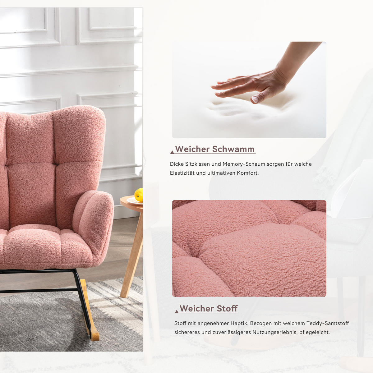 SCHAUKELSTUHL Teddy-Stoff mit gepolsterter Rückenlehne 80/70/95 cm Rosa - Rosa, Textil (70/95/80cm) - Redom