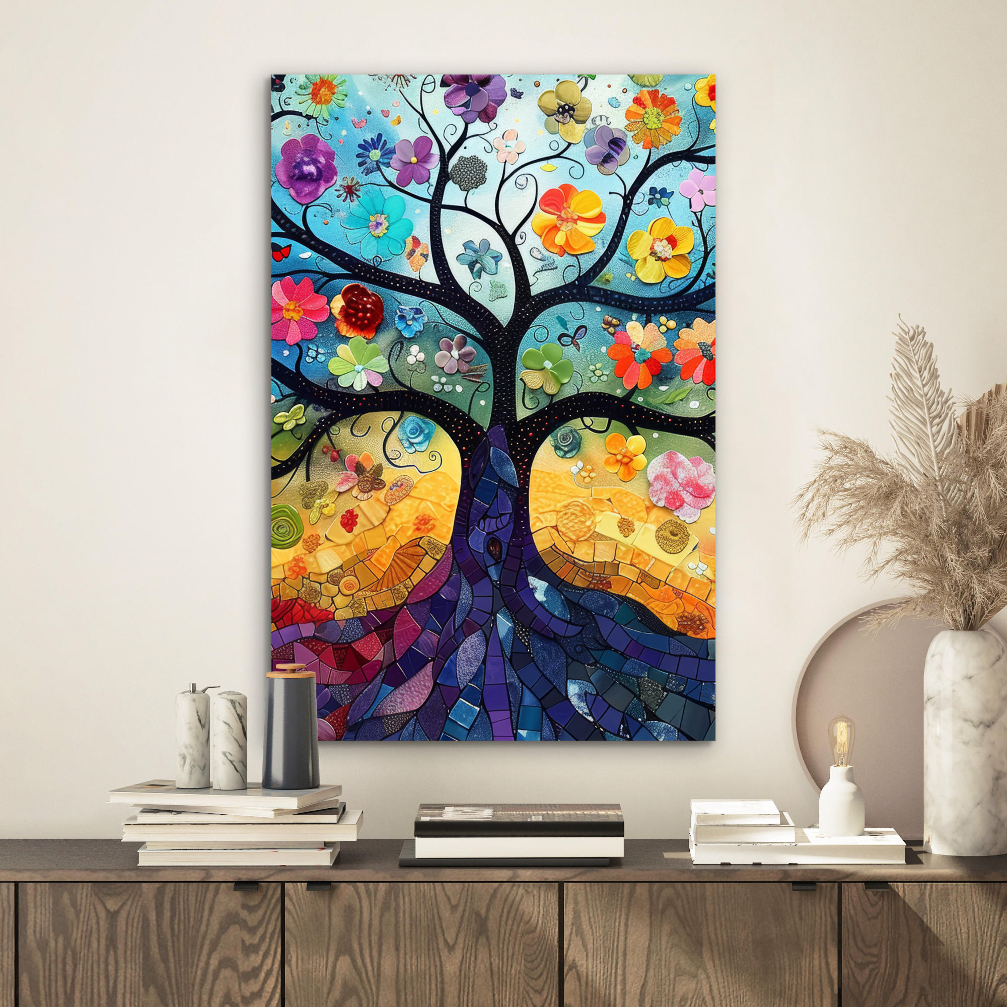 METALLBILD Kunst - Baum des Lebens - Blumen - Hippie 40x60 cm - Dunkelblau, Metall (40/60cm) - MuchoWow