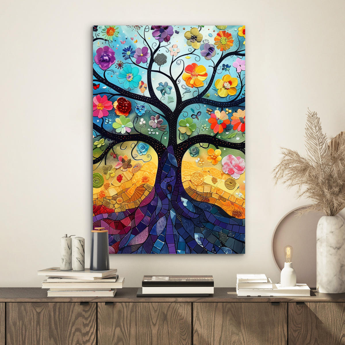METALLBILD Kunst - Baum des Lebens - Blumen - Hippie 40x60 cm - Dunkelblau, Metall (40/60cm) - MuchoWow