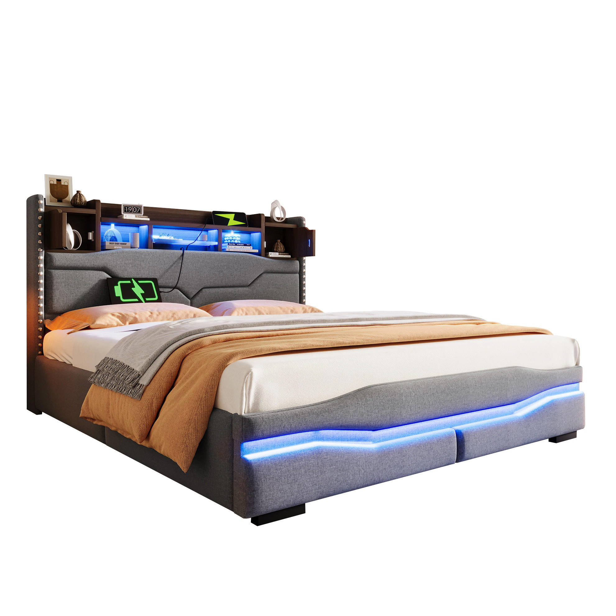 POLSTERBETT 160/200 cm mit LED-Beleuchtung, USB-C/USB-Anschluss, hydraulischem Bettkasten und Stauraum-Kopfteil, Grau - Grau, Textil (160/200cm) - Redom