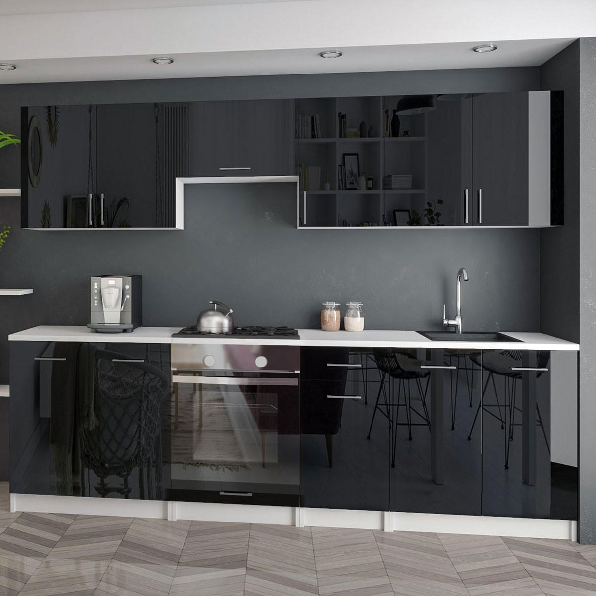 KÜCHENZEILE LECO 240 schwarz glanz - Schwarz Hochglanz, Holzwerkstoff (240/82/46cm) - roe furniture
