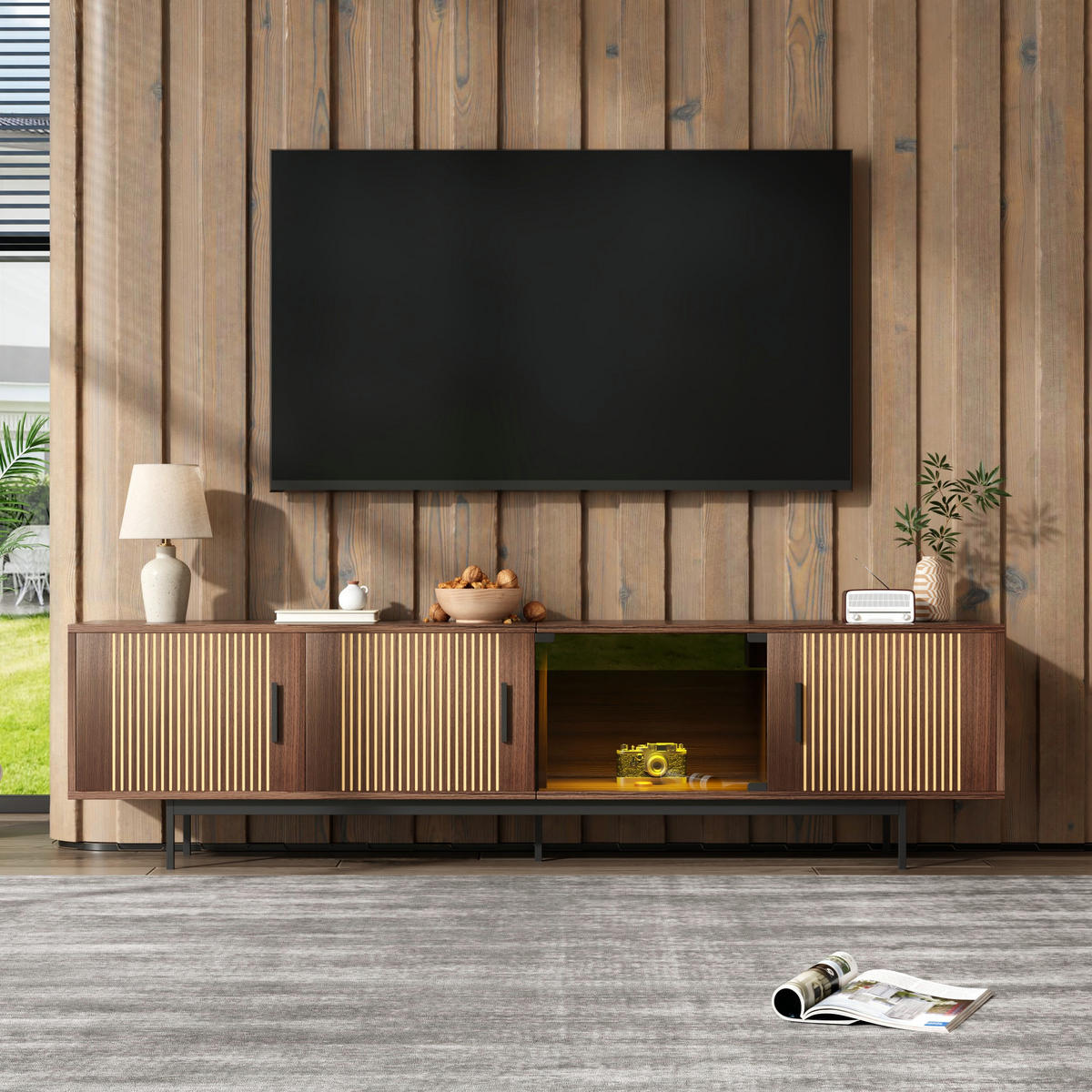 LOWBOARD DE-40552 LED mit gehärteten Glastüren Walnuss - Walnussfarben, Holzwerkstoff (200/53/35cm) - ComfortXL