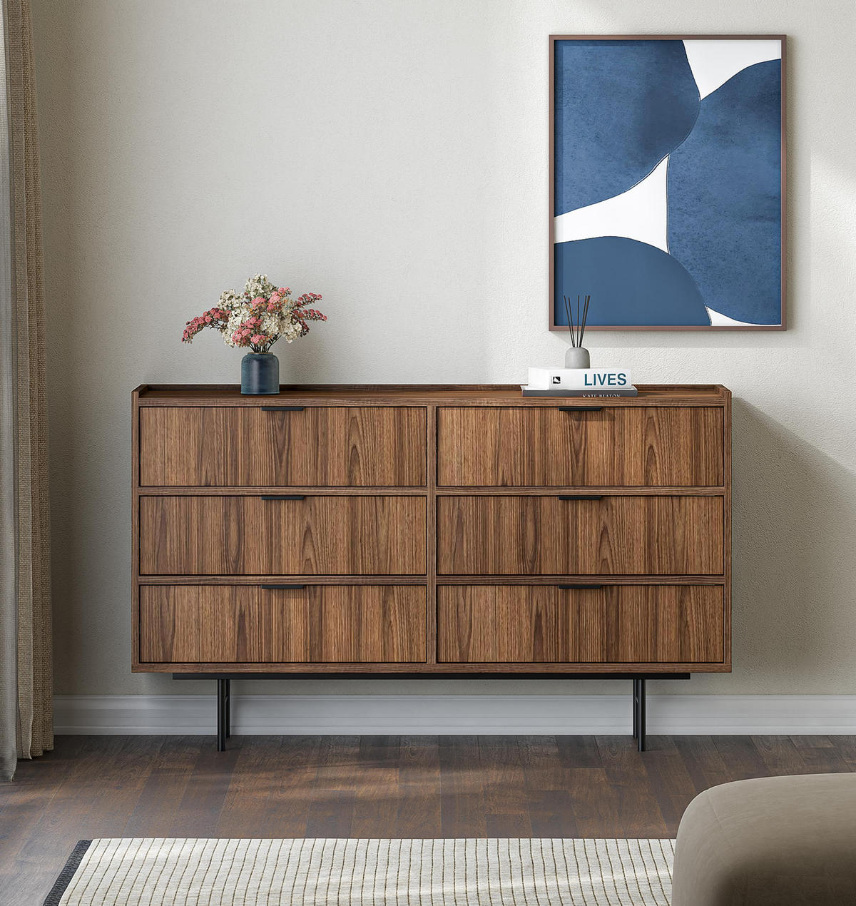 SIDEBOARD Nordiva 6S Warmia Walnut 150/90/40 cm – Metallgestell - Walnussfarben/Schwarz, Holzwerkstoff/Metall (150/90/40cm) - AX Living