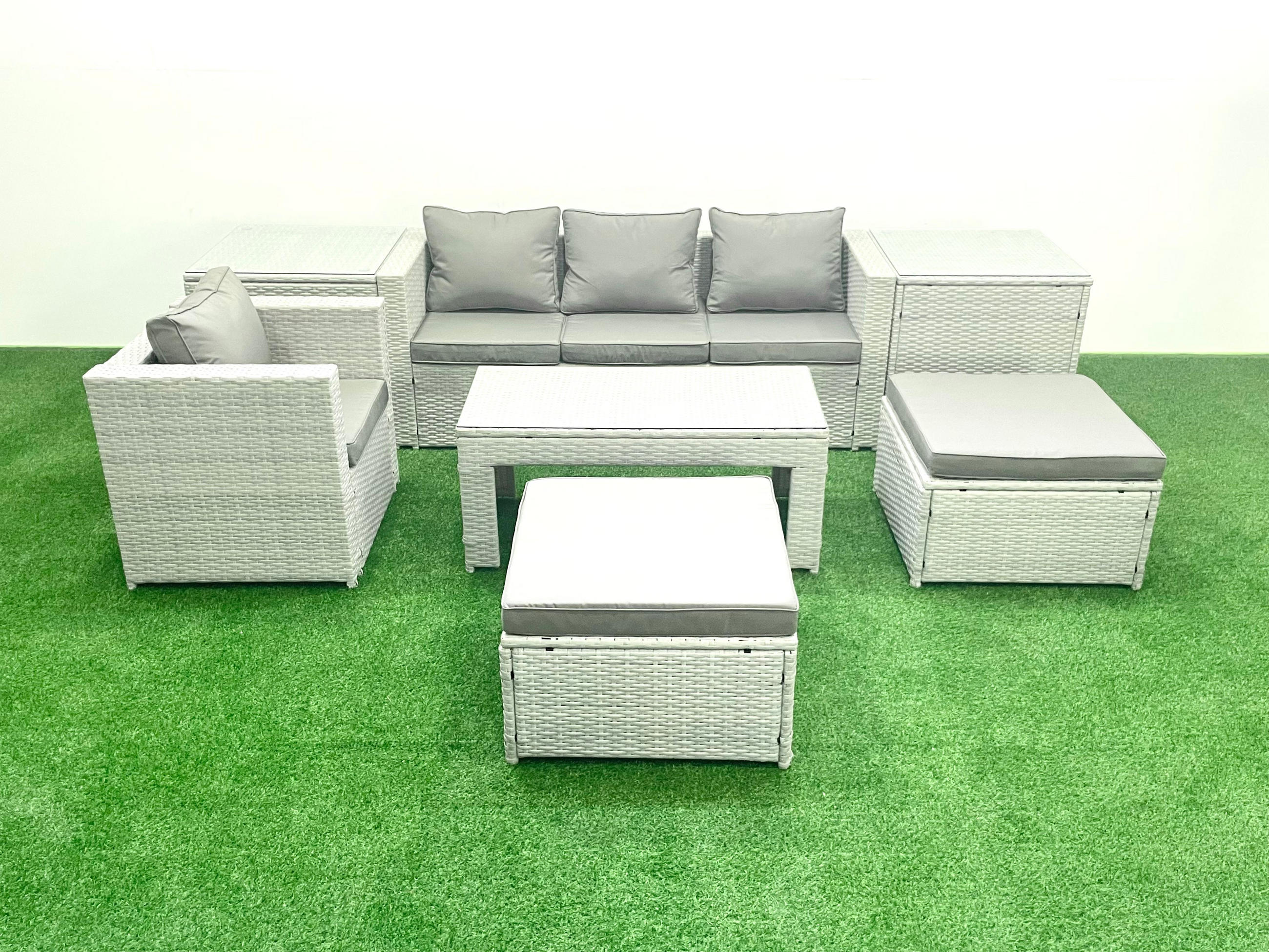 BALKONMÖBEL-SET Polyrattan Hellgrau-Mix 6-teilig - Hellgrau/Grau, Glas/Kunststoff - Fimous