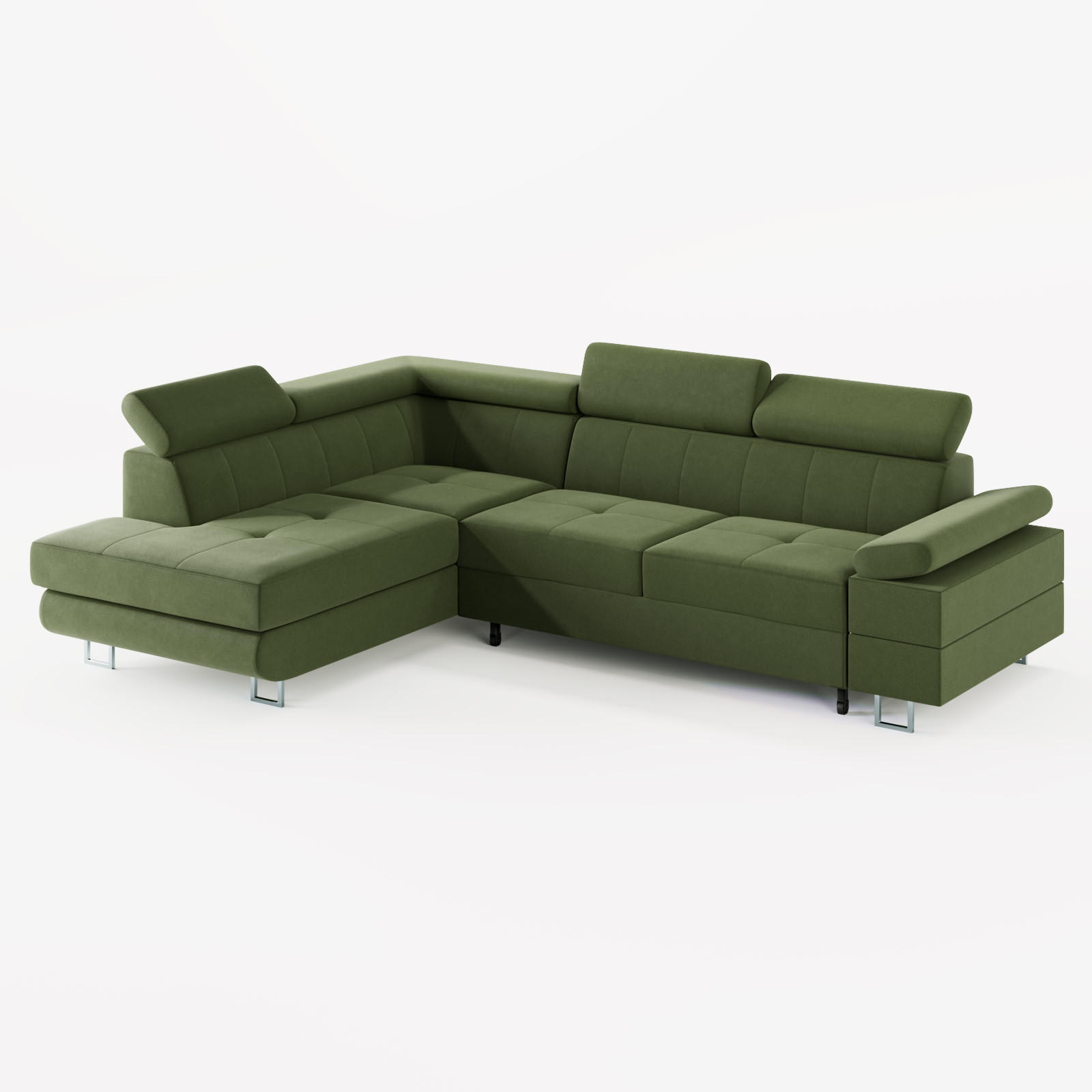 ECKSOFA CAROLINE Links Olivgrün matter Veloursstoff mit Schlaffunktion und Bettkasten - Chromfarben/Olivgrün, Textil (253/190cm) - Barchello