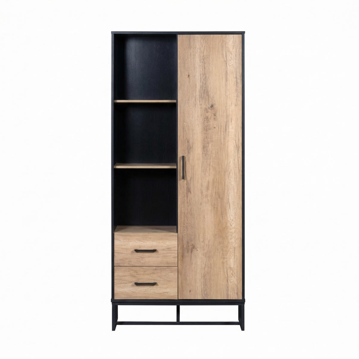 HIGHBOARD 80/40/180 cm in Holzoptik und Schwarz mit 2 Schubladen und 3 offenen Fächern - Schwarz, Holzwerkstoff (80/180/40cm) - Flora Grace