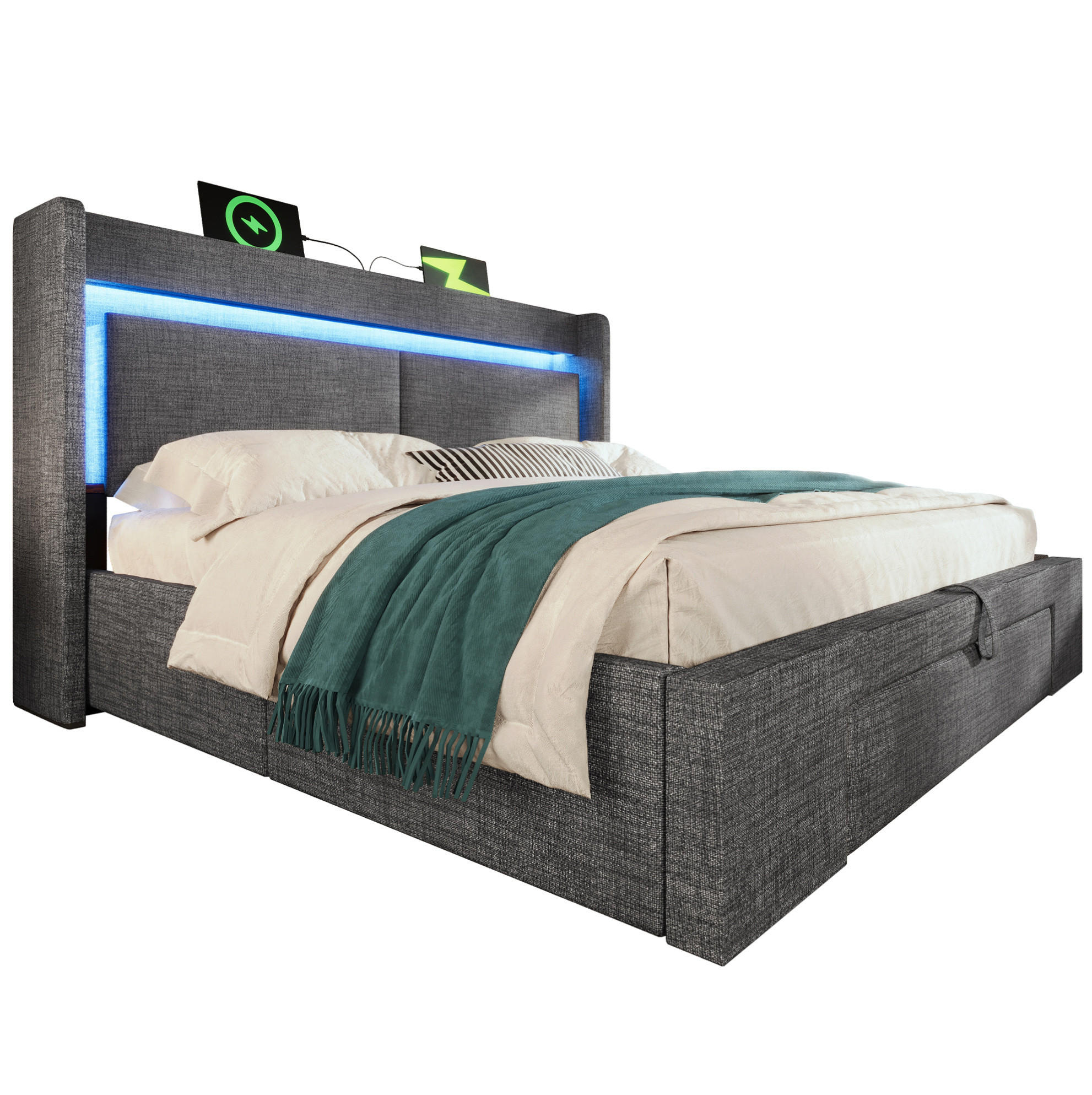 Modfu ČALOUNĚNÁ postel ze lnu 160x200 cm šedá s LED osvětlením, USB/USB-C a hydraulickým úložným prostorem