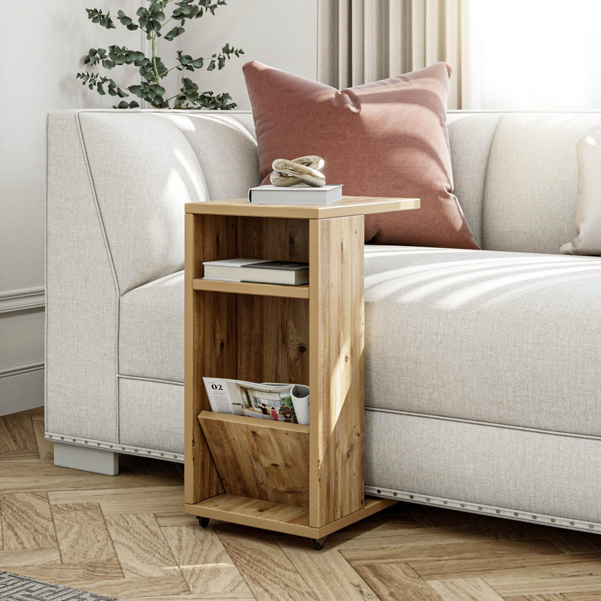 BEISTELLTISCH ROLLEND mit Stauraum 30/40/63 cm - Beige, Holzwerkstoff (30/40/63cm) - Calicosy