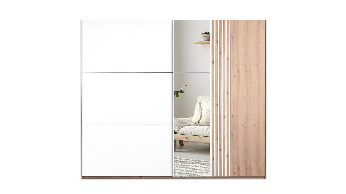 SCHWEBETÜRENSCHRANK ATROX 250/215/65 cm 2-türig mit Spiegel Weiß - Eiche Wotan/Weiß, Holzwerkstoff (250/215/65cm) - MASSENO