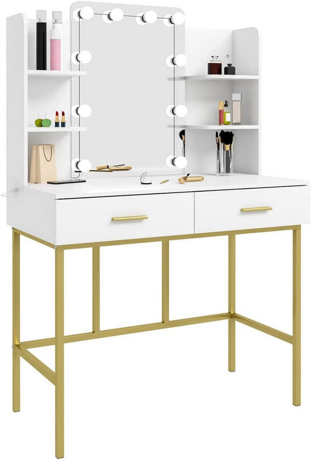 SCHMINKTISCH mit Spiegel LED-Beleuchtung, Metall, Weiß Gold - Goldfarben/Weiß, Holzwerkstoff/Metall (90/136/45cm) - Woltu
