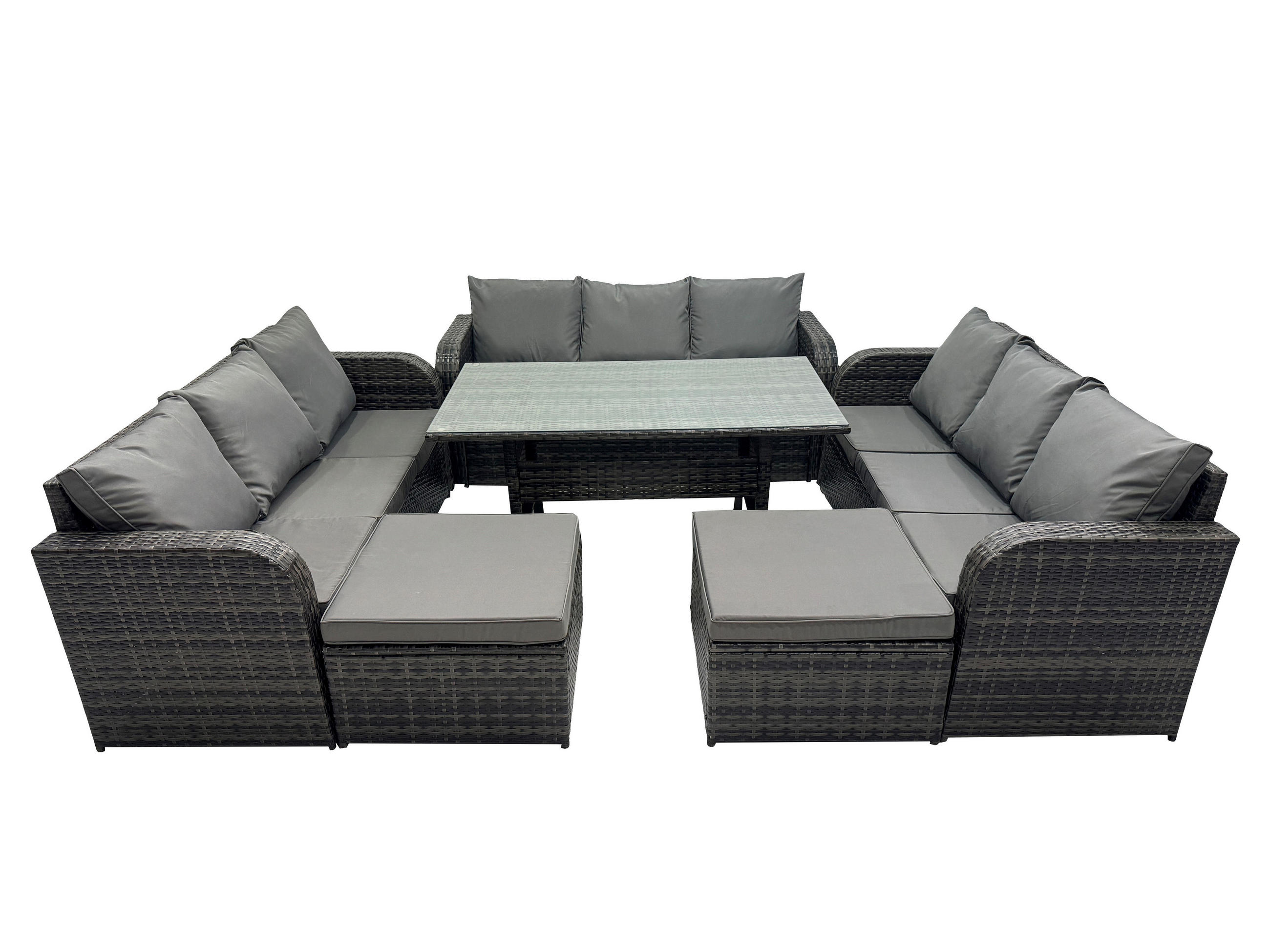 GARTENGARNITUR mit 3-Sitzer Sofa,2 Hockern Polyrattan Dunkelgrau 11-Sitzer - Dunkelgrau/Grau, Glas/Kunststoff - Fimous