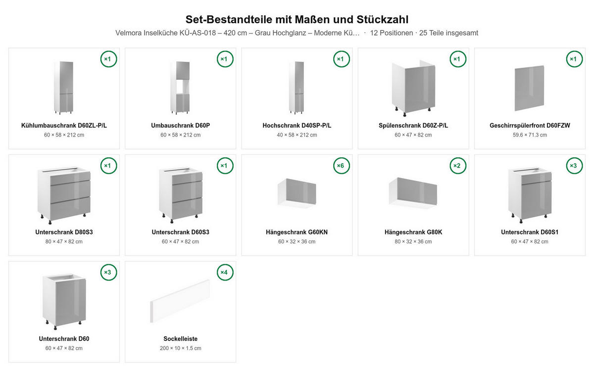 INSELKÜCHE Velmora Grau Hochglanz – 420 cm + Insel 180 cm – KÜ-AS-018 – Grau - Grau, Holzwerkstoff (420/212/58cm) - ROYAL24_MARKT