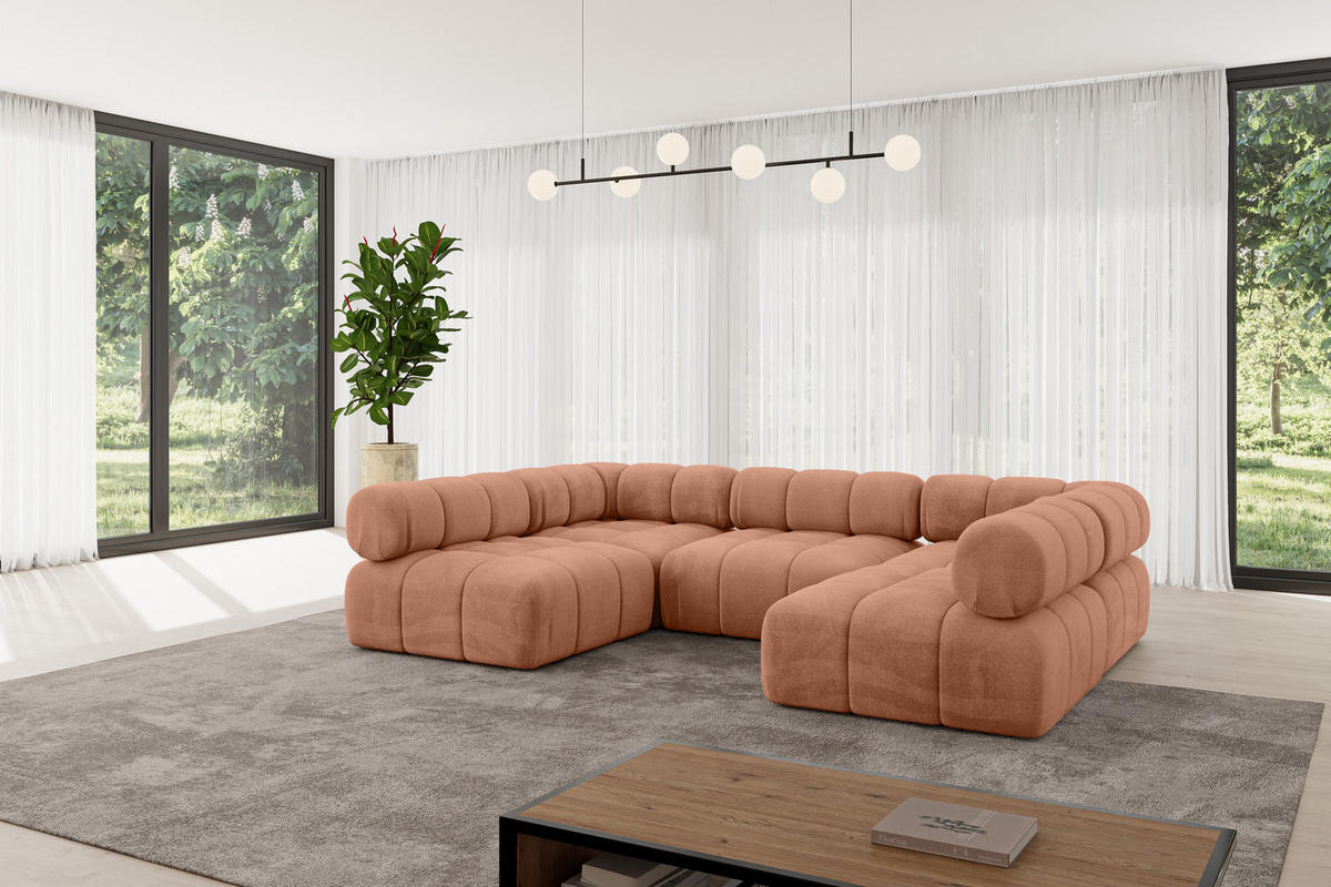 WOHNLANDSCHAFT modulares Sofa Garvo-U1 - 285x190x70 cm Apricot Velours - Koralle, Holzwerkstoff/Textil (285/70/190cm) - ALTDECOR