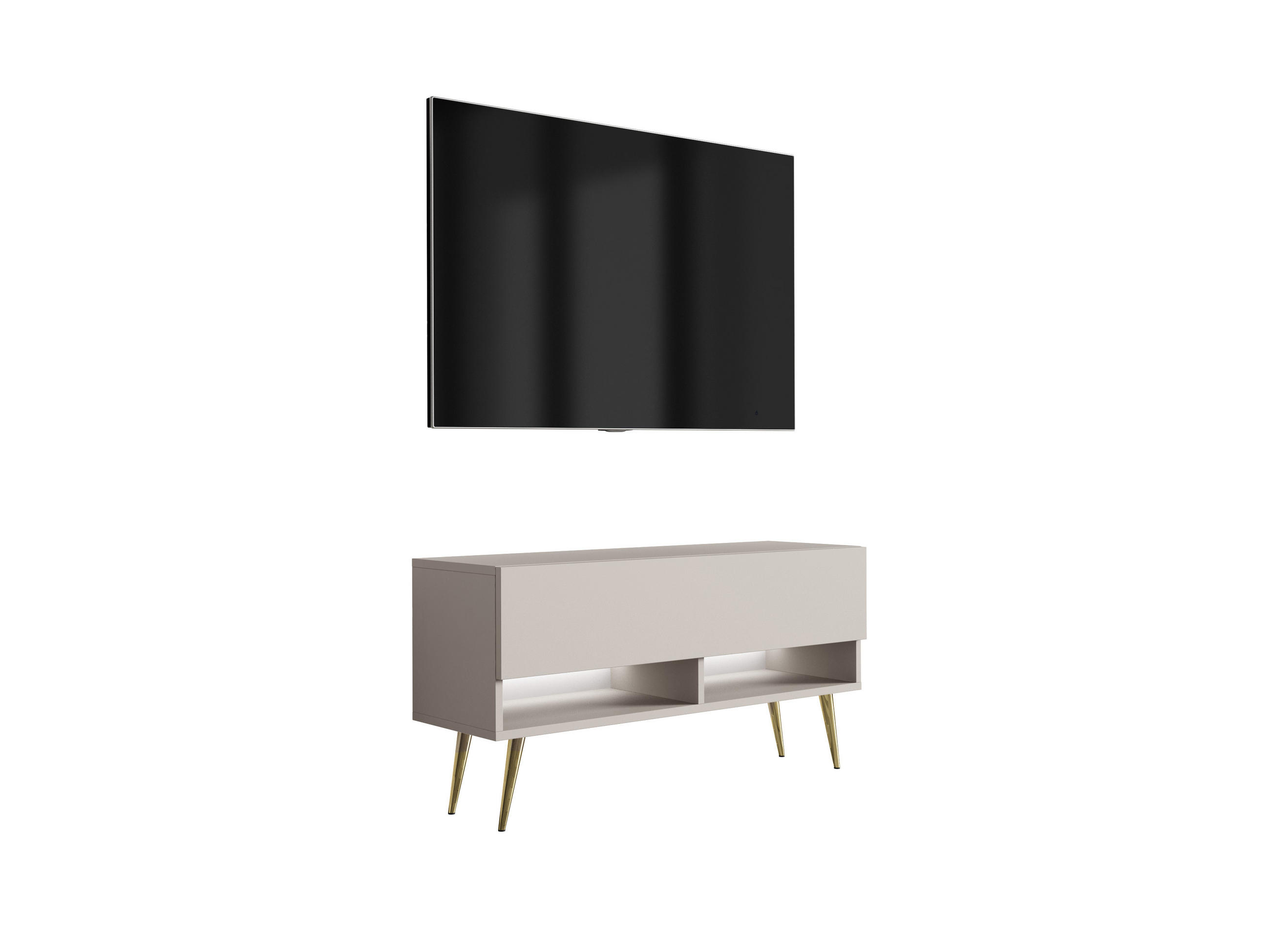 TV-LOWBOARD 100 cm Kaschmir, goldene schräge Beine, weiße LED, 100 × 32 × 52 cm - Beige, Holzwerkstoff (100/52/32cm) - 3XE LIVING
