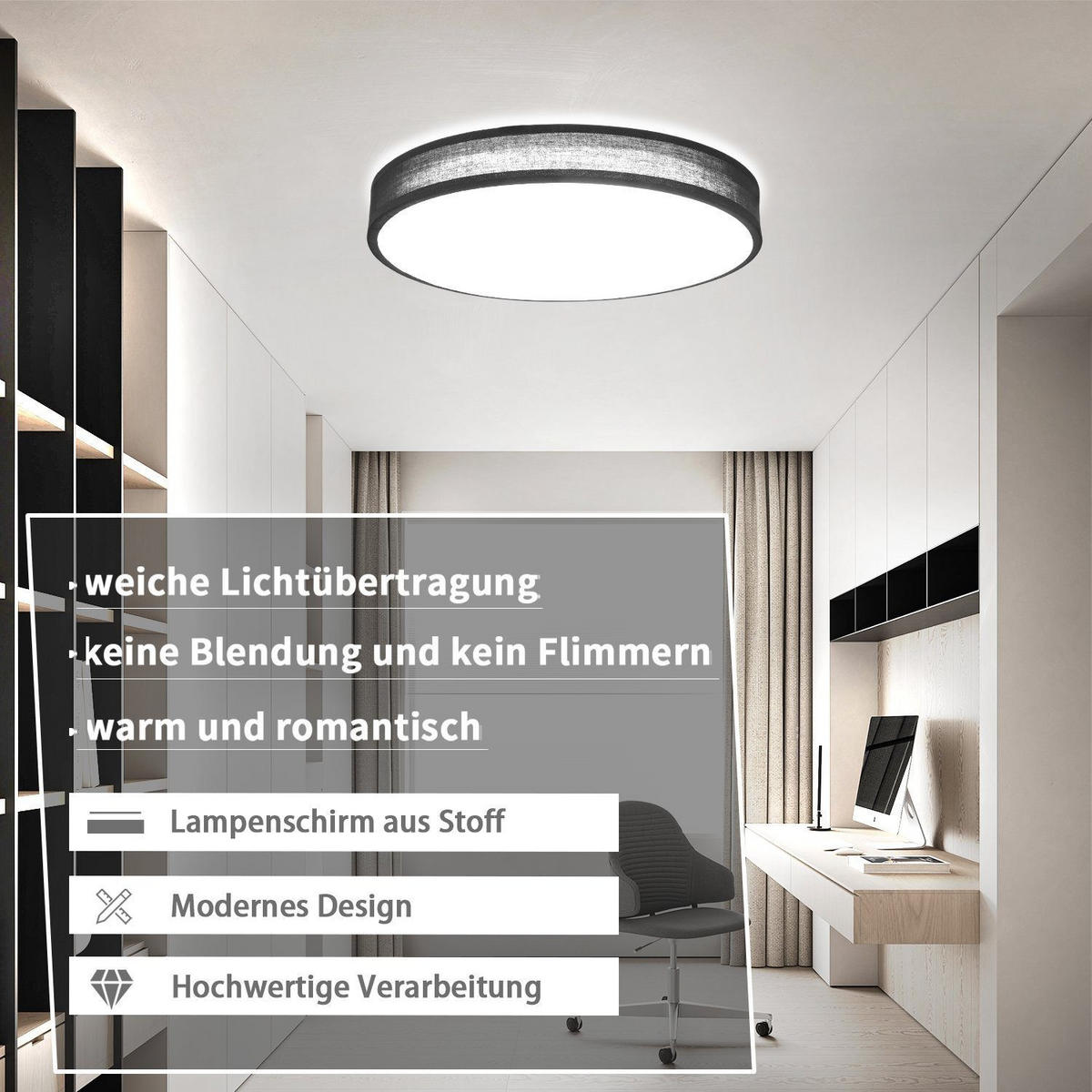 LED stropna svjetiljka Debra 38x38x6 cm - crna, tekstil (38/38/6cm) - Nettlife