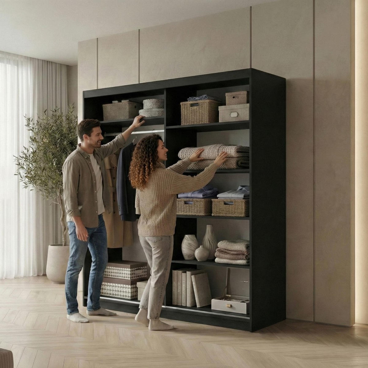 SCHWEBETÜRENSCHRANK Hela 180/205/60 2-türig schwarz mit Spiegel - Schwarz, Holzwerkstoff (180/205/60cm) - Beautysofa