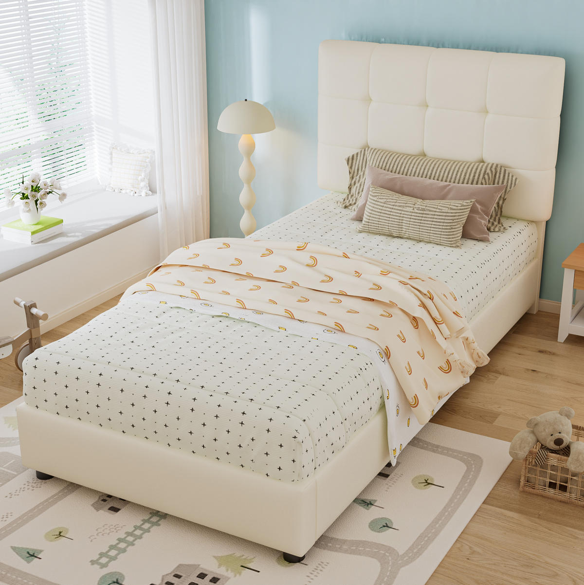 KINDERBETT Polsterbett 90/200 cm aus PU, Eisen und Sperrholz mit keksförmigem Kopfteil Beige - Beige, Holzwerkstoff (90/200cm) - Modenvie
