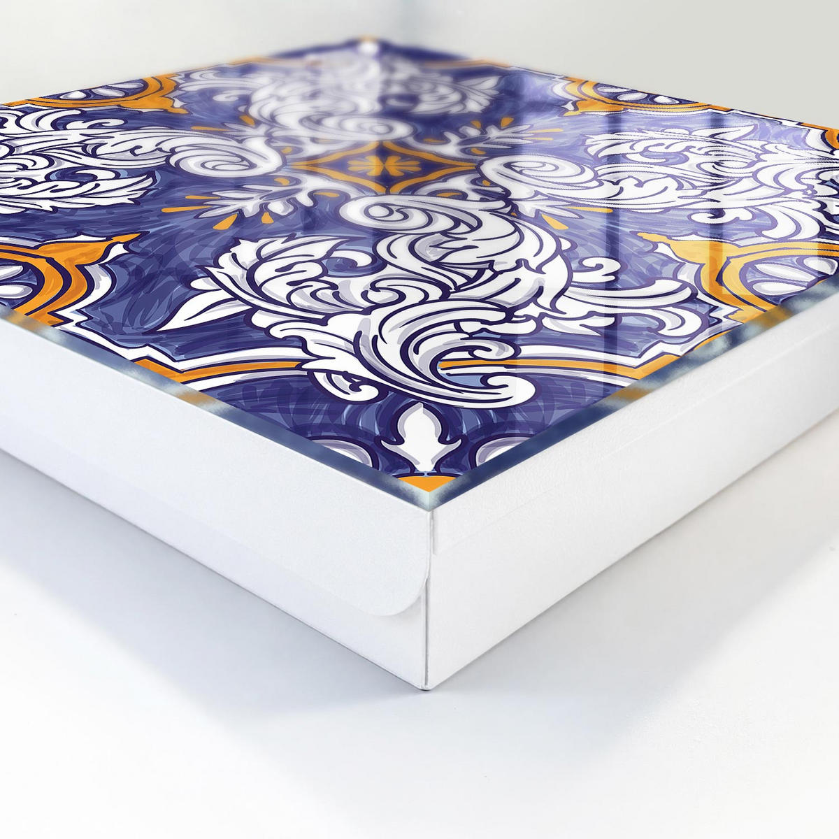 SCHLÜSSELBOX Weiß 30x30 cm – Türöffnung nach rechts - Pflanzenornament - Blau, Metall (30/30/5cm) - TULUP