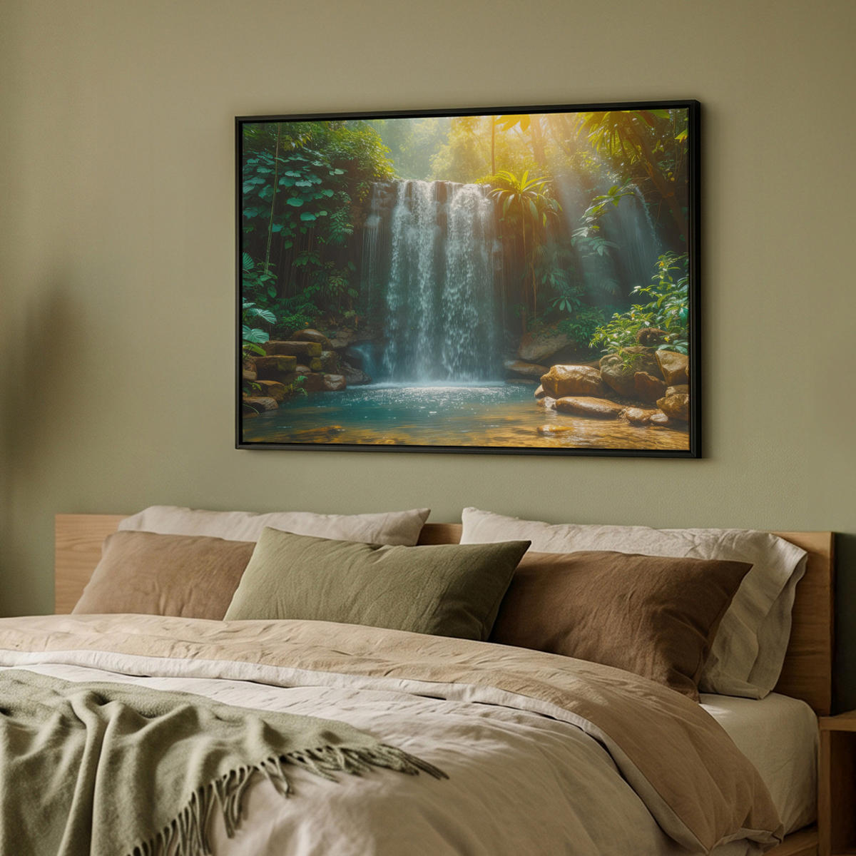 LEINWAND Bilder mit Rahmen - Wasserfall - Dschungel - Sonne - Grün - Natur - 100x70 - Grün, Textil (100/70cm) - MuchoWow