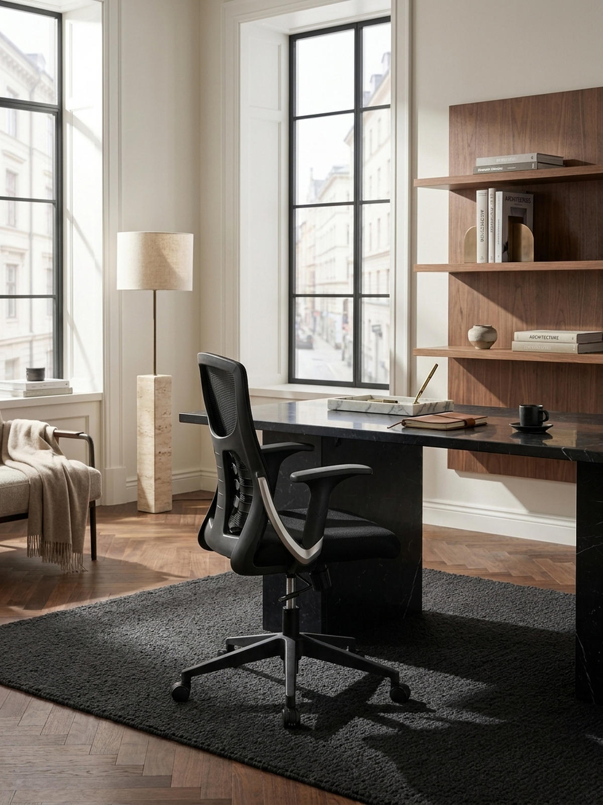 BÜRODREHSTUHL Schwarz Mesh mit Wippmechanik, 4-fach Lordosenstütze und Höhenverstellung ATLAS - Schwarz, Kunststoff/Textil (65/104/65cm) - KADIMA DESIGN