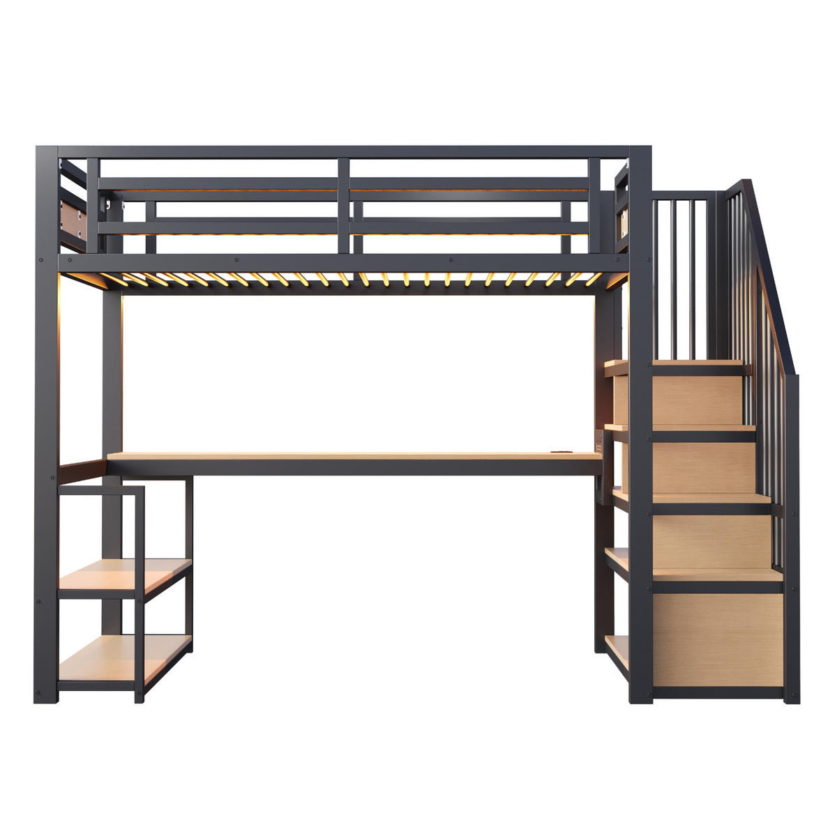 HOCHBETT 90/200 cm aus MDF und Metall mit Stauraumtreppe, Regal und Tisch Schwarz - Schwarz, Metall (90/200cm) - Modenvie