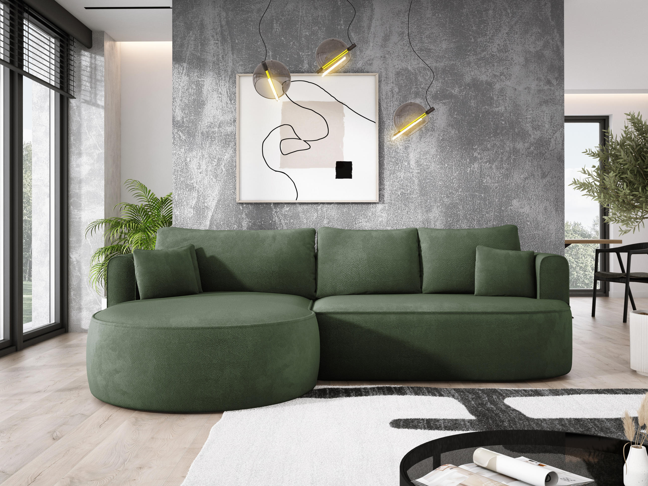 ECKSOFA FIORE-L Moderne Ausziehbare Schlaf-Funktion, automatischer Auffaltung, lose Rückenkissen freistehend LINKS 284x183x82 cm Forest green - Waldgrün, Holz/Textil (183/284cm) - DomoHome