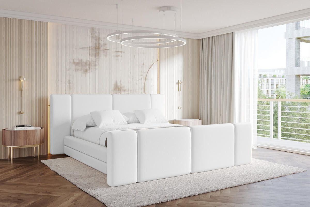 POLSTERBETT mit Bettkasten, Fußteil und Lattenrost, Bett mit Matratze H3/H4 - TEVO-Z 140x200 Weiß - Weiß Hochglanz, Holzwerkstoff/Textil (140/200cm) - ALTDECOR