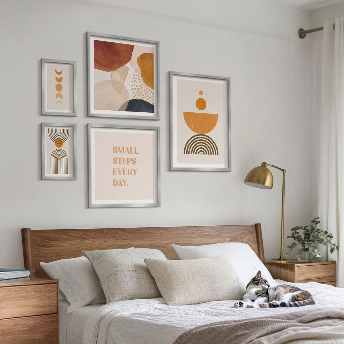 BILDER SET 5er Set - 50x50 cm & 20x30 cm & 40x60 cm Silberner Rahmen - Boho-minimalistische Dekorationen - Silberfarben, Kunststoff (40/60cm) - TULUP
