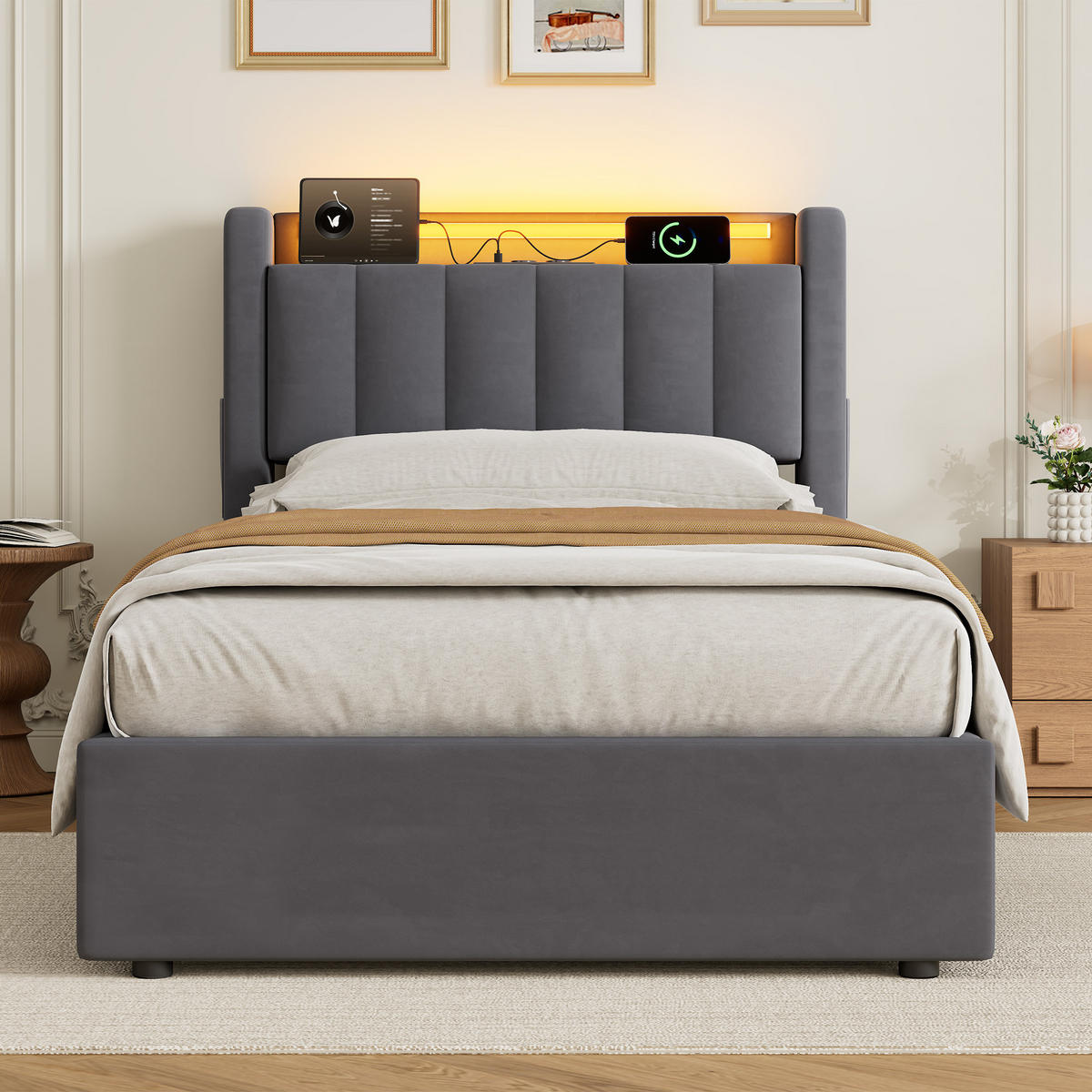 POLSTERBETT 90/190 cm in Dunkelgrau Samt mit Bettkasten und gepolstertes Kopfteil - Dunkelgrau, Holzwerkstoff/Textil (90/190cm) - CHICFURN