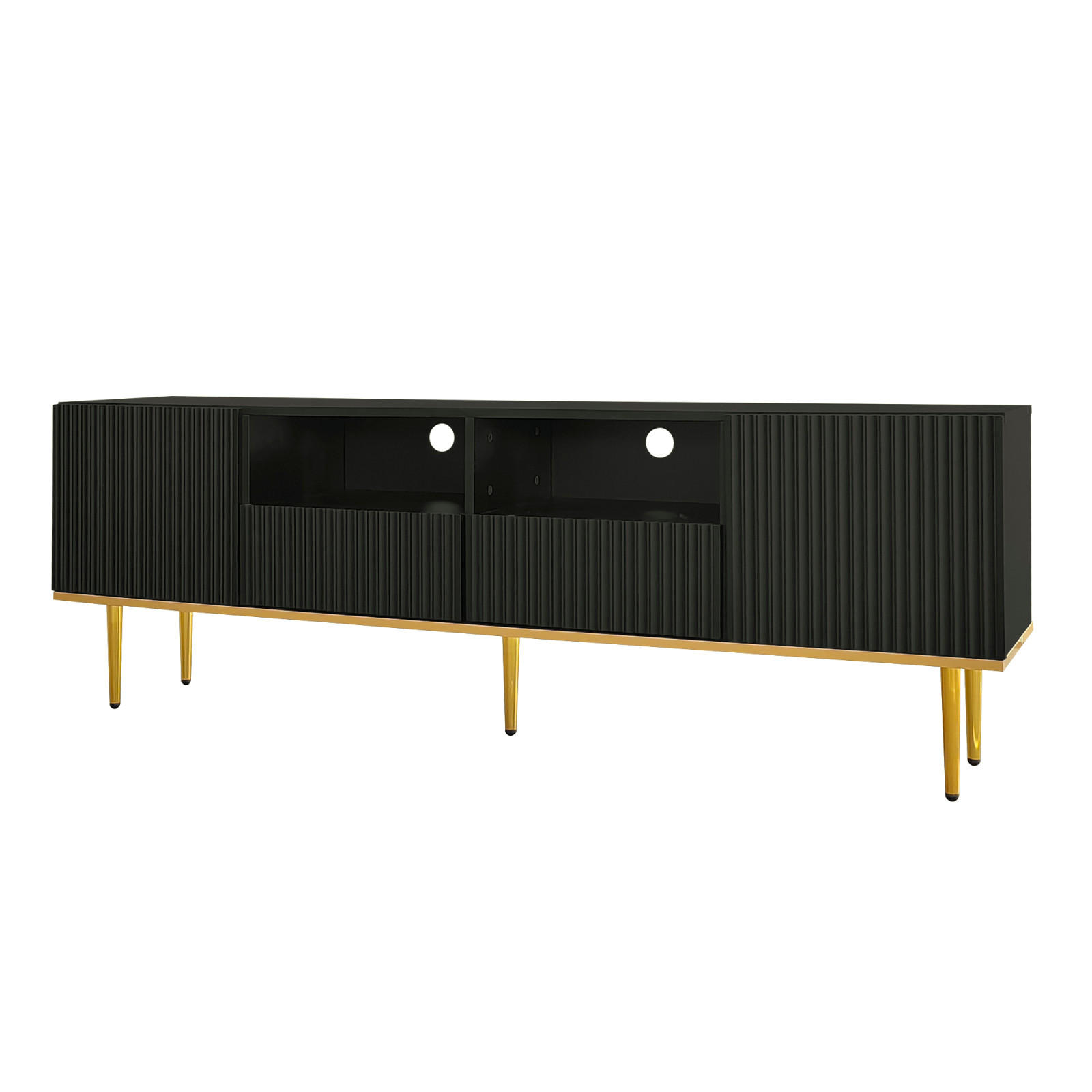 TV Lowboard 2 Türen, 2 Schubladen, goldene Füße, Schwarz - Schwarz, Holz (165/55/36cm)