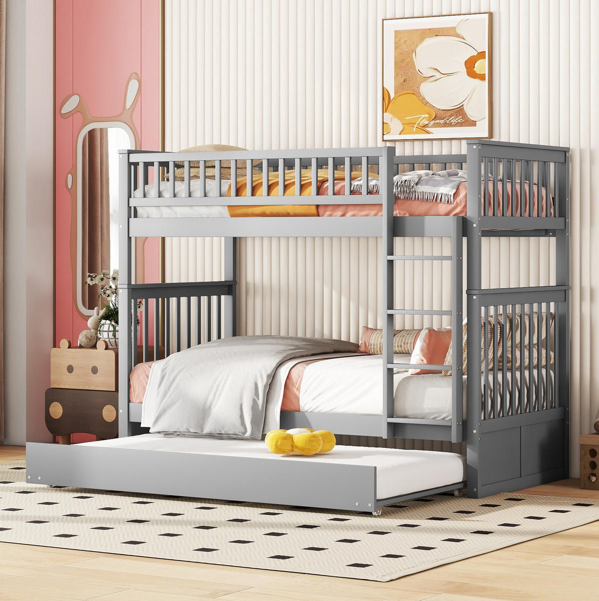 ETAGENBETT 205/95/160 cm aus Kiefernholz und MDF mit Ausziehbett Grau - Grau, Holz (90/200cm) - Modenvie